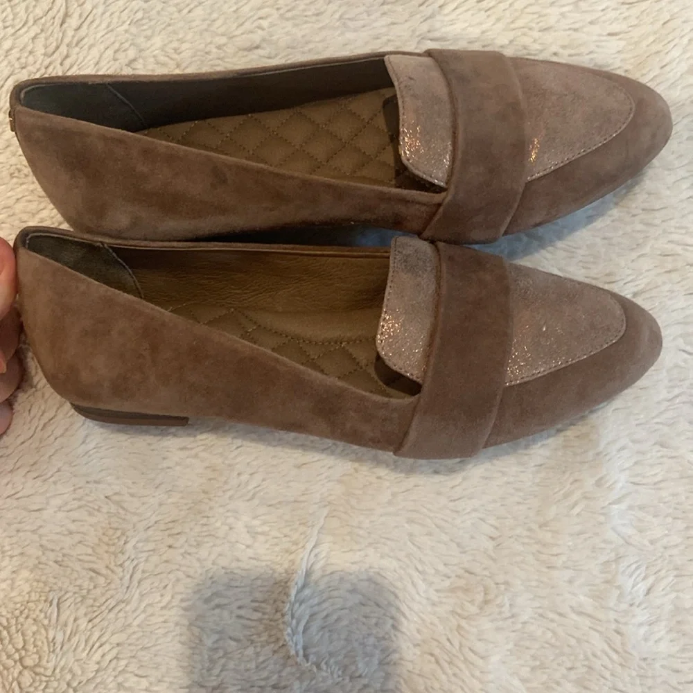 Birdies Taupe Suede Quilted Insole Loafers